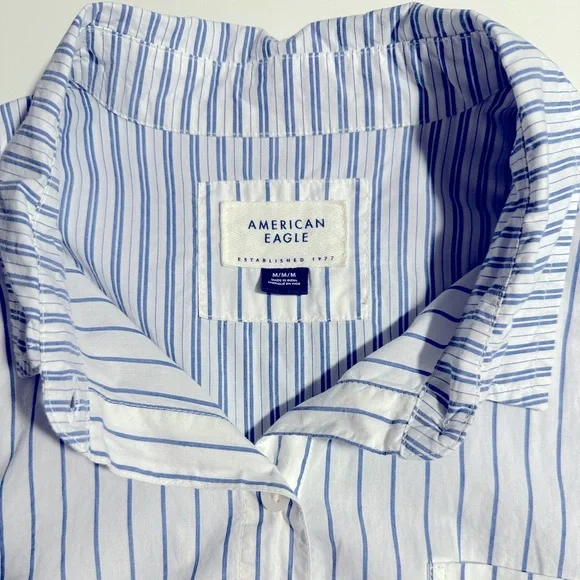 American Eagle Womens Core Perfect Button Down Shirt in Blue White Stripe Mix - Picture 7 of 8